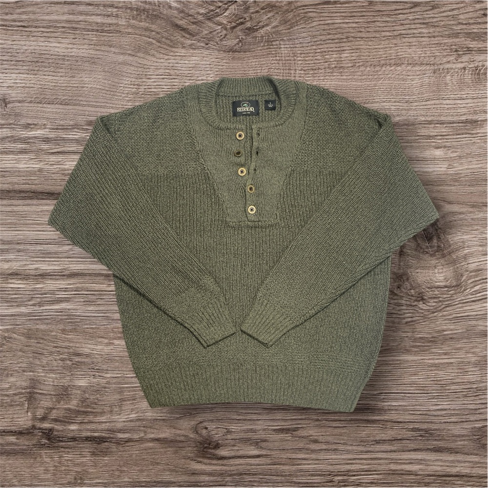RedHead Mens Henley Sweater Olive Green‎ Ribbed Knit Pullover Large